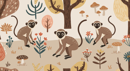 Playful Monkeys in Nature: Adorable illustrated monkeys frolic amidst an enchanting woodland scene filled with whimsical trees and charming mushroom. This playful image.