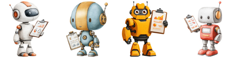Fototapeta premium Adorable robots holding clipboards with charts, perfect for Business B2B themed designs or futuristic concepts