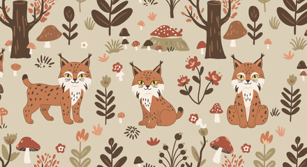 Whimsical Woodland Lynx:  A charming illustration showcasing three endearing lynx amidst a whimsical woodland setting, with vibrant floral and fungal elements. 