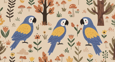 Whimsical Parrot Trio in Botanical Paradise: Three vibrant parrots perching amidst a delightful illustration of nature. Celebrating vibrant hues, playful compositions.