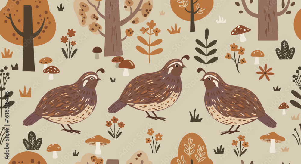 Poster whimsical quail pattern: an charming repeat pattern featuring illustrations of three quail nestled a