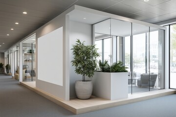 Modern office space featuring glass walls, greenery, and minimalist design, providing a stylish and functional work environment.