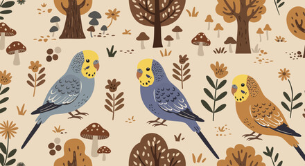 Whimsical budgerigars in dream forest: A charming illustration of budgerigars perched amidst a fantasy forest, featuring stylized trees, mushrooms, and flora in warm, earthy tones.