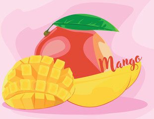Mango fruit slices with leaves isolated on pink background