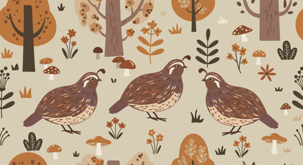 Whimsical Quail Pattern: An charming repeat pattern featuring illustrations of three quail nestled amongst autumnal trees, mushrooms, and foliage.