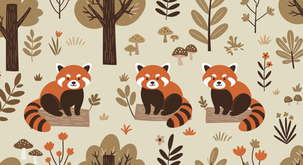 Cozy Red Pandas in a Forest:  A charming illustration featuring three adorable red pandas nestled amongst trees, leaves, and mushrooms, creating a whimsical forest scene, all rendered in a soft.