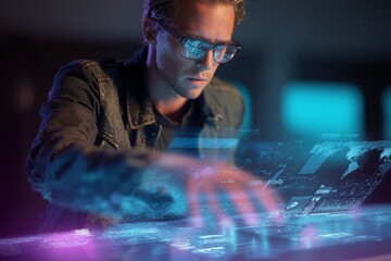 Futuristic interface interaction by young developer using augmented reality touchscreens in dark tech environment – digital innovation and high-tech concept

