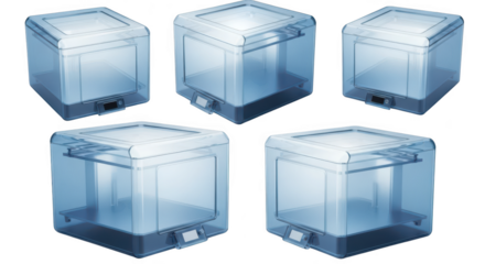 Transparent 3D printers arranged on white showing modeling and manufacturing potential