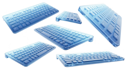 Transparent keyboards in multiple angles float on white background showcasing design and modern technology Its use is visual for tech concepts