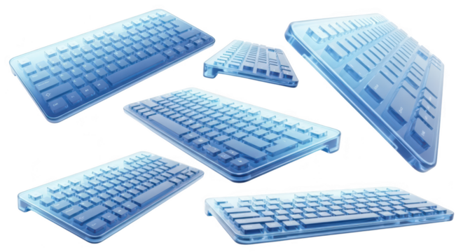 Transparent keyboards in multiple angles float on white background showcasing design and modern technology Its use is visual for tech concepts