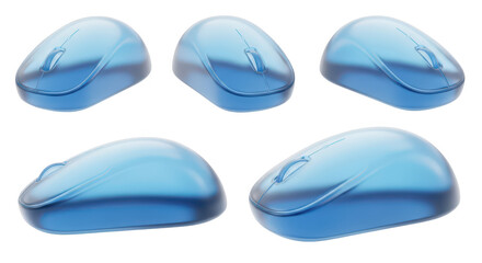Several transparent blue wireless computer mice arranged on a white background showcasing the technology and usability for digital device design and marketing