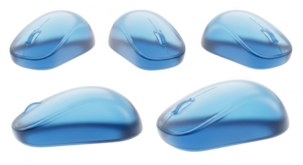 Several transparent blue wireless computer mice arranged on a white background showcasing the technology and usability for digital device design and marketing