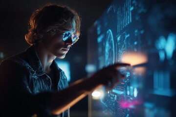 Futuristic interface interaction by young developer using augmented reality touchscreens in dark tech environment – digital innovation and high-tech concept

