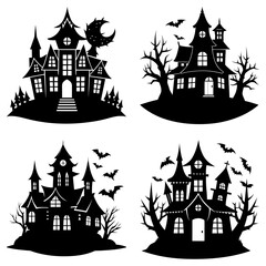 Silhouette illustration of four haunted houses with bats and trees in a spooky halloween theme design