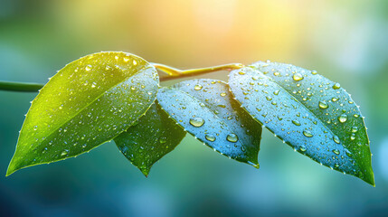 Fresh green leaves adorned with water droplets illuminated by soft sunlight nature's beauty