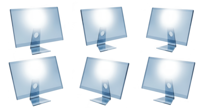 Six blue transparent displays arranged on a white surface The screen lights up with a glow suitable for technology or digital design - Powered by Adobe