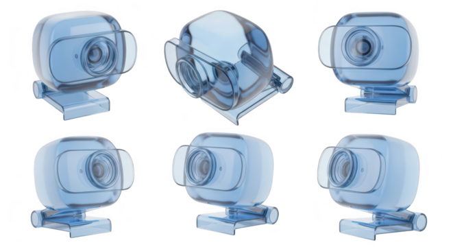 Multiple views of a transparent light blue webcam displayed on a clean white surface ideal for technology communication or futuristic design