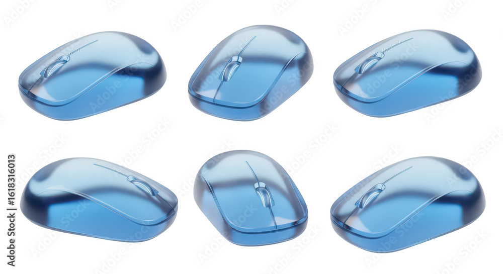 Poster six blue translucent computer mice arranged on a white background for technology concepts