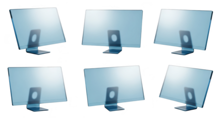 Rendered blue transparent computer monitors array on white Shows technology design and futuristic concept Usable for tech advertising and website visuals