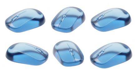 Six blue translucent computer mice arranged on a white background for technology concepts