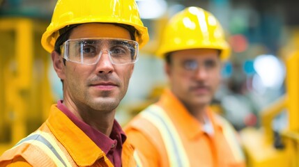 Two professionals in safety gear working near machinery in an industrial factory.