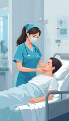 Obraz premium Flat vector illustration of nurse taking care of patient in hospital bed.