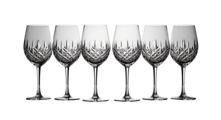 Five Elegant Crystal Wine Glasses on Tabletop Sparkling Clear Cut Glassware Perfect for Party