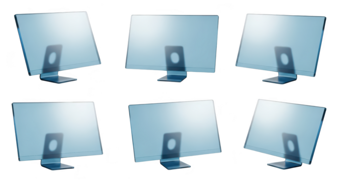 Rendered blue transparent computer monitors array on white Shows technology design and futuristic concept Usable for tech advertising and website visuals
