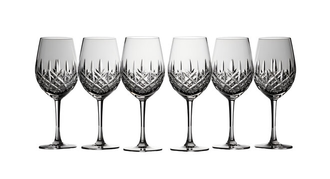 Five Elegant Crystal Wine Glasses on Tabletop Sparkling Clear Cut Glassware Perfect for Party