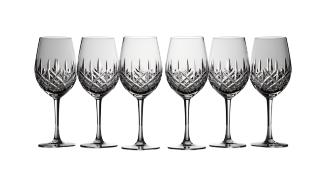 Five Elegant Crystal Wine Glasses on Tabletop Sparkling Clear Cut Glassware Perfect for Party