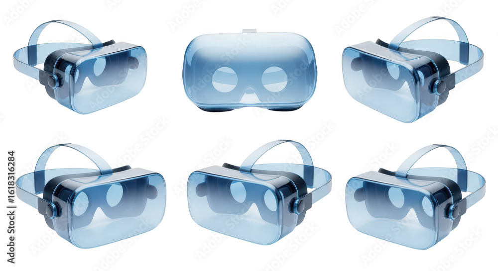 Poster transparent vr headsets arranged in multiple views on a white backdrop for product design showcasing