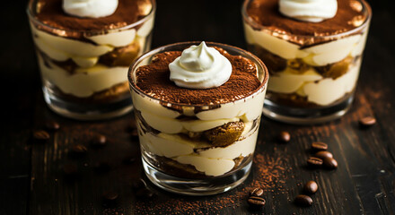Elegant tiramisu desserts in glass cups.