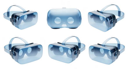 Transparent VR headsets arranged in multiple views on a white backdrop for product design showcasing virtual reality & immersive technology