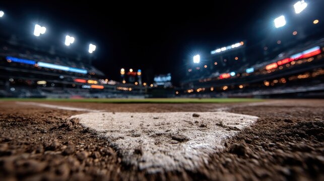Close up of baseball field at night