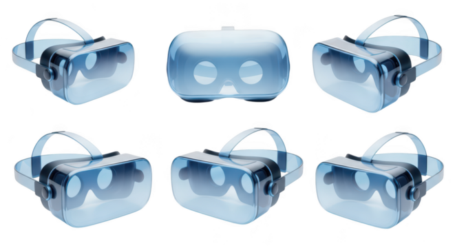 Transparent VR headsets arranged in multiple views on a white backdrop for product design showcasing virtual reality & immersive technology