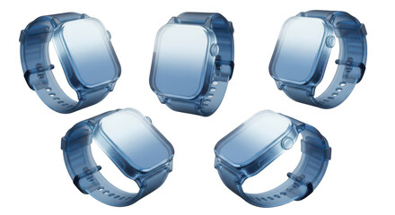 Transparent smartwatches in various angles isolated on white background for showcasing wearable tech design and functionality