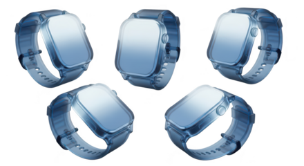 Transparent smartwatches in various angles isolated on white background for showcasing wearable tech design and functionality