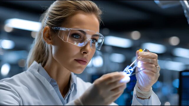 A woman in a lab coat is holding a lighted object in her gloved hand. She is wearing safety goggles and she is focused on her work