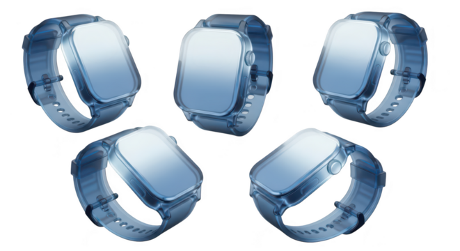 Transparent smartwatches in various angles isolated on white background for showcasing wearable tech design and functionality