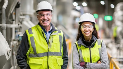 Two professionals in safety gear working near machinery in an industrial factory.