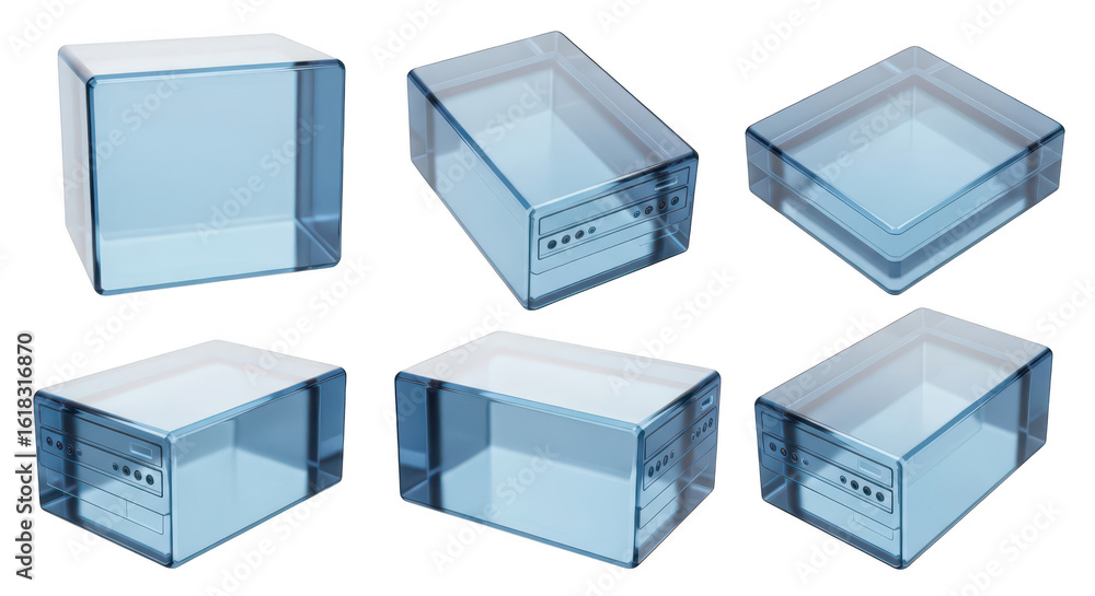 Poster multiple angles of empty transparent blue box on a white background for design elements or showcasin