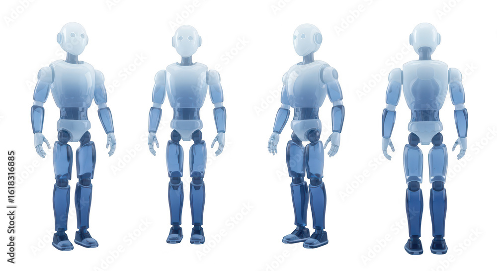 Aufkleber four transparent humanoid robots standing on white surface showcasing different angles for ai develo