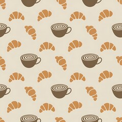 Seamless pattern design of coffee cup and croissant for breakfast theme
