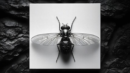 Striking monochrome fly with long shadow on a blank canvas