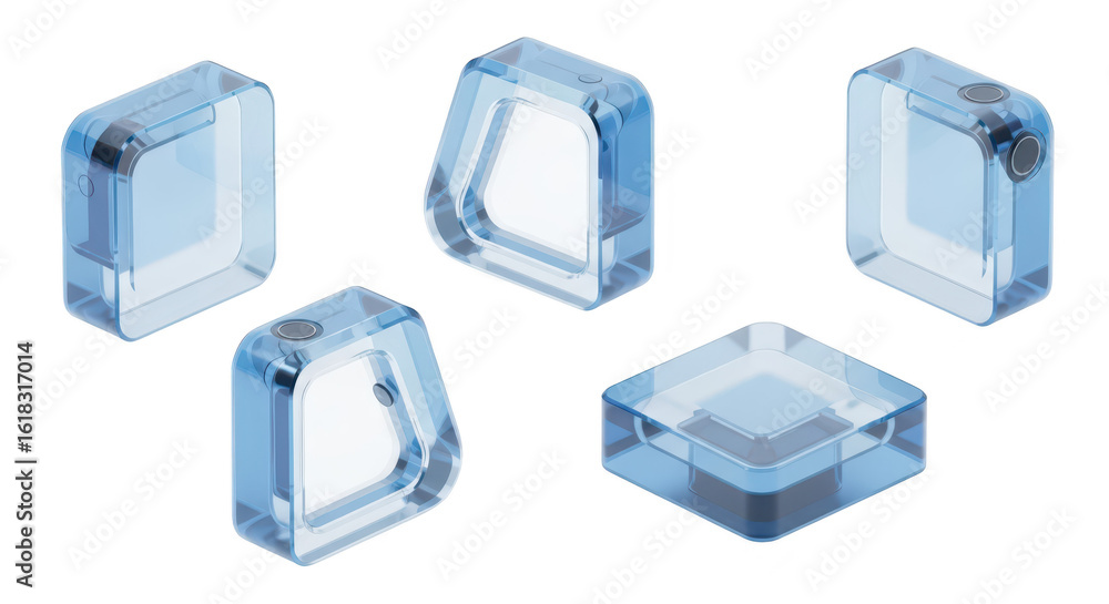 Poster transparent blue cubes in various angles isolated on white showing design & structural possibilities