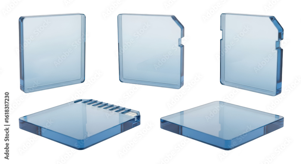 Aufkleber five transparent data storage cards displayed on a white studio background showing different angles 