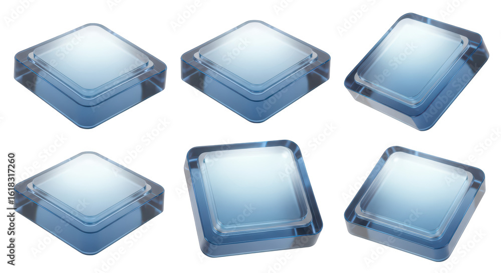 Fototapete six 3d rendered transparent blue diamond-shaped buttons in different angles on a clean white backgro