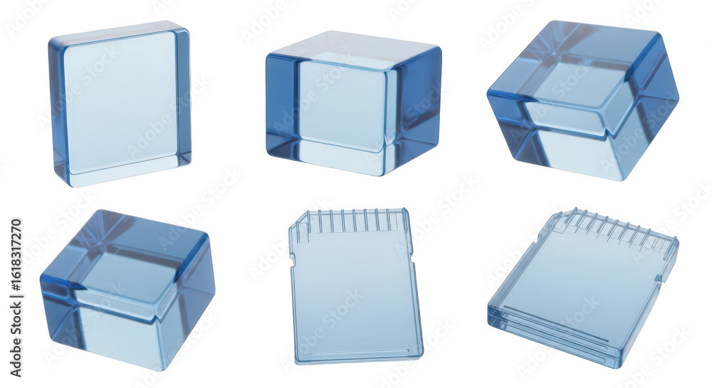 Aufkleber six transparent blue cube and sd card designs arranged on a white background illustrating abstract d