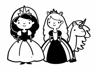 Fototapeta premium Line art of fairytale princesses and fantasy creatures like unicorns and dragons, cute style, no color, outlined illustration for children coloring book