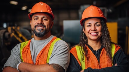 Two professionals in safety gear working near machinery in an industrial factory.